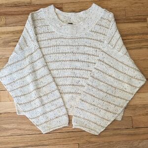 Free People Cream & Tan Striped Scoop Crew Sweater